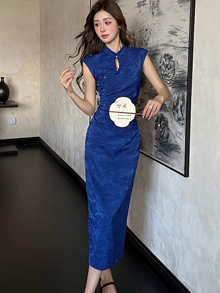 Vestido Midi ajustado plisado de Jacquard azul para mujer, vestido informal elegante para casa, vestido de fiesta de Festival ajustado Vintage coreano 2025