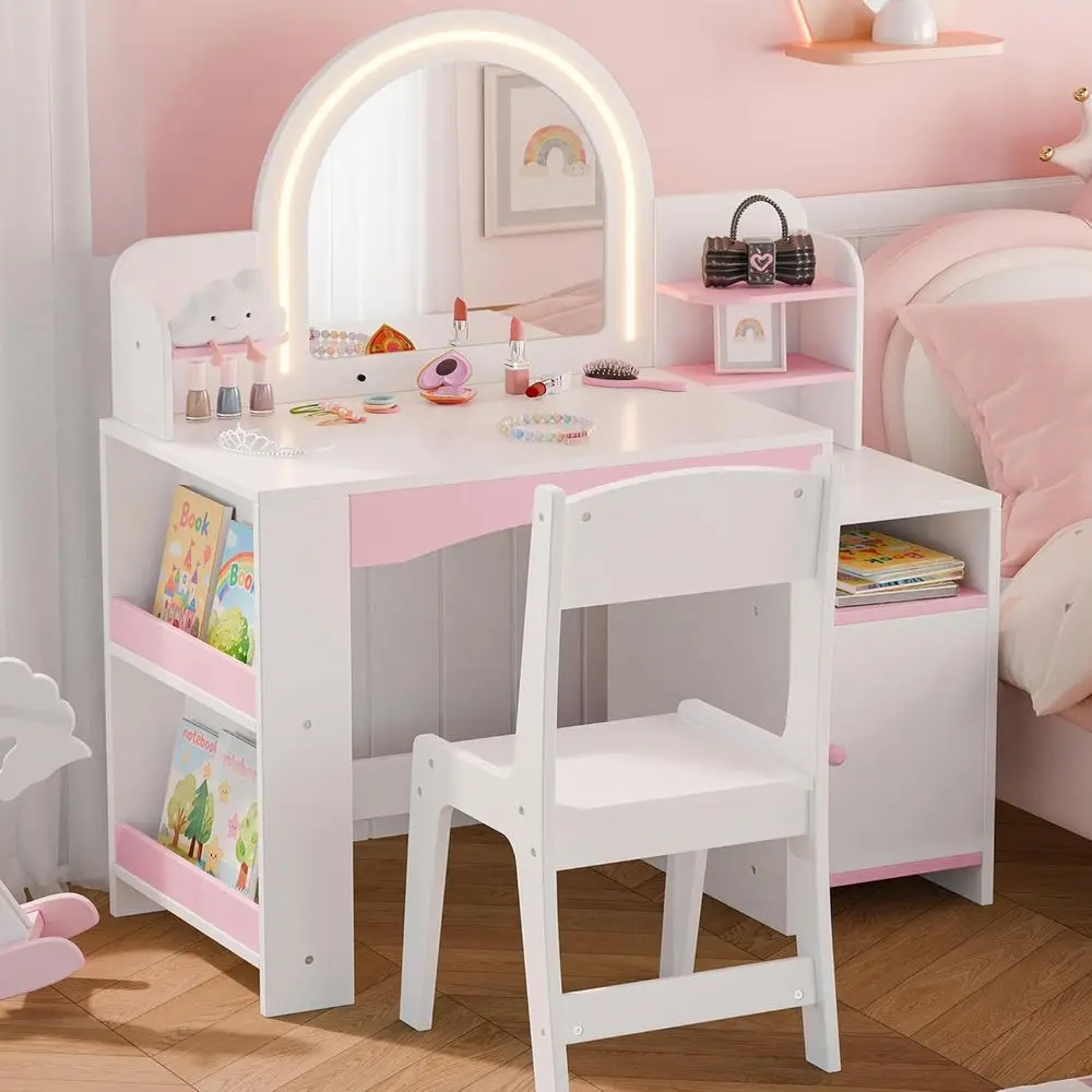 

Children's Lighted Makeup Vanity Desk with Storage and Open Bookshelf