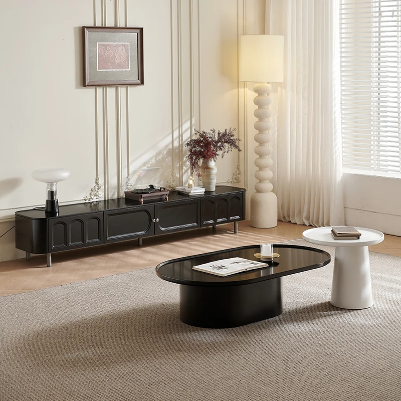 

French retro black solid wood TV cabinet coffee table combination cream wind small apartment living room home floor cabinet