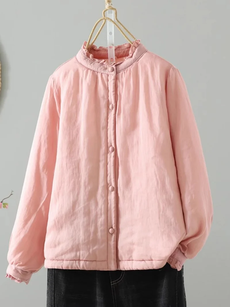 خريف شتاء 2025 المرأة سترة قطن الوردي النمط الصيني القطن الكتان قاعدة مبطن معطف علوي W194