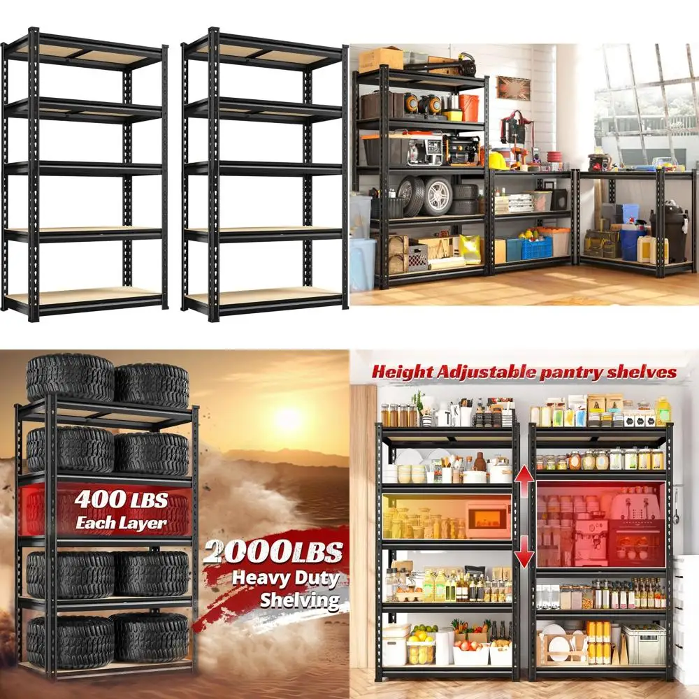 REIBII Set mit 2 Lagerregalen, 5-stufiges Garagenregal, robustes Metallregal, 2000 Pfund, Garagenregale, verstellbares Metallregal f