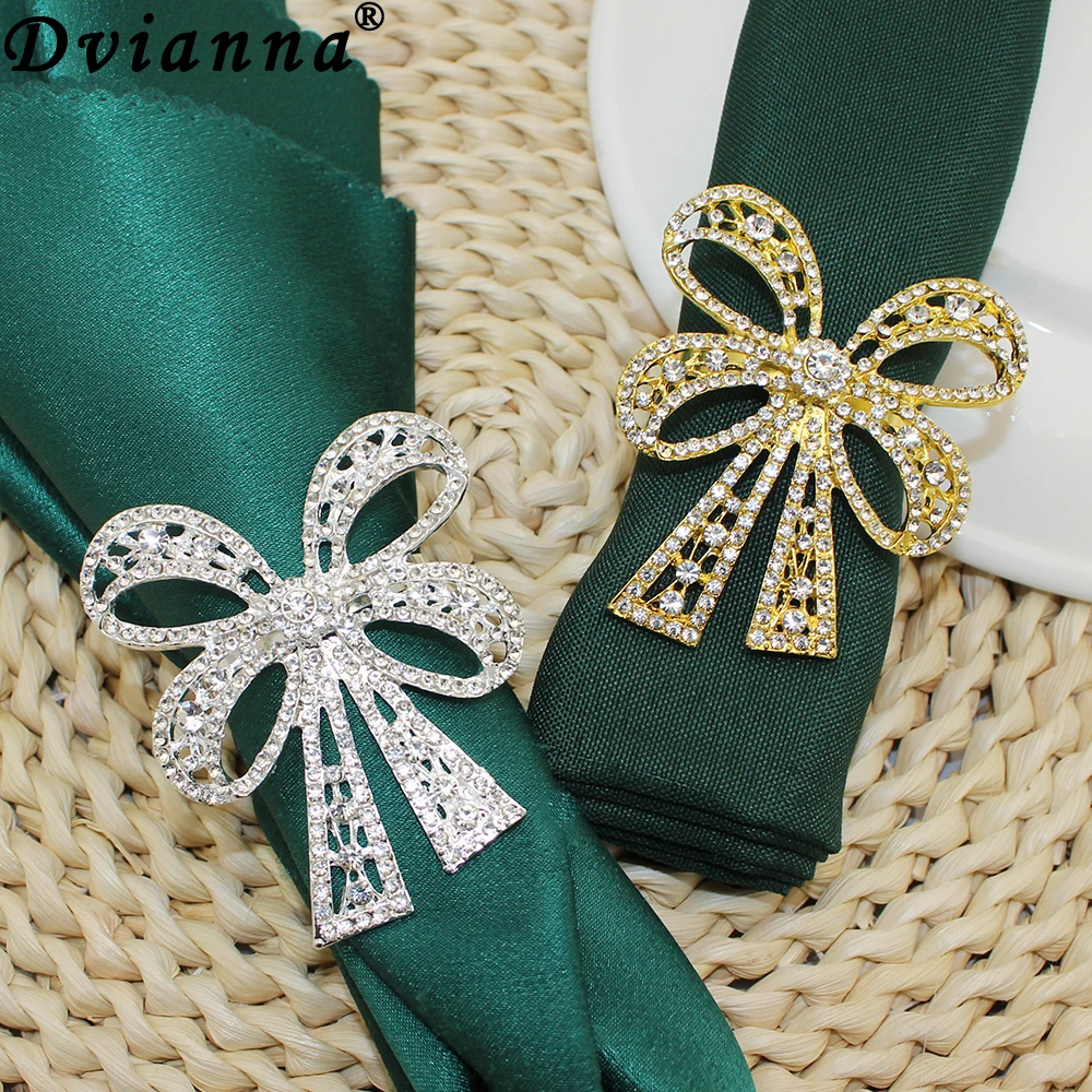 2Pcs Bowknot Napkin Rings Rhinestone Diamond Napkin Rings Holder for Christmas Wedding Thanksgiving Dinner Table Decor HWD03