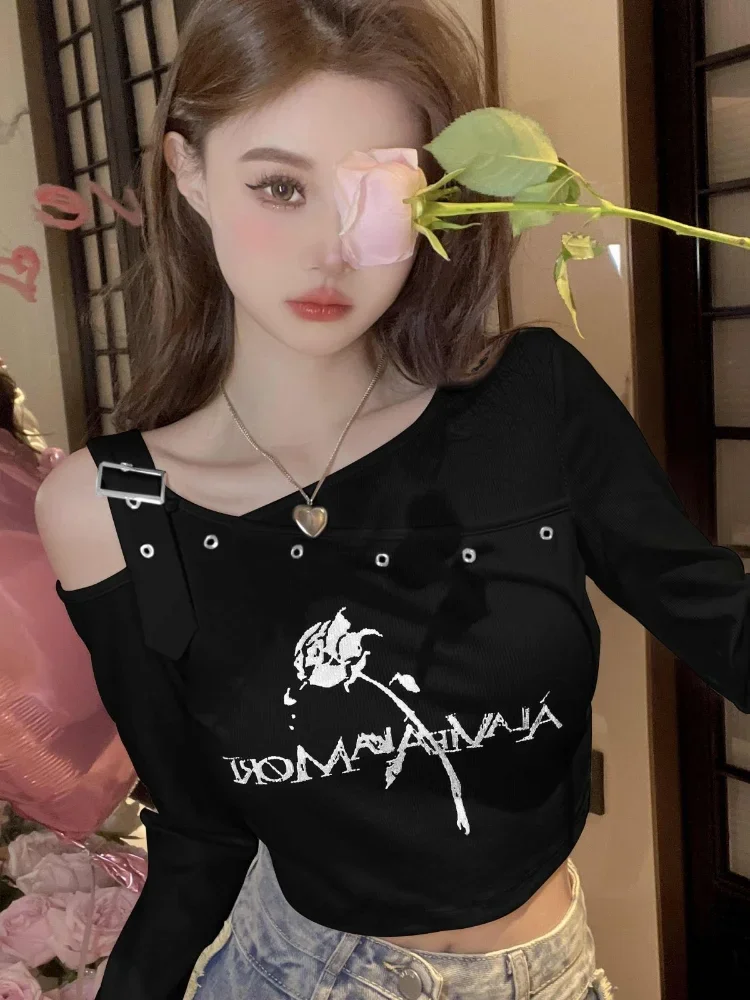 Irregular Off Shoulder Long Sleeve Fairy T-shirt Y2k Aesthetic High Waist Cropped Top Women Letter Rose Print Harajuku Slim Tees