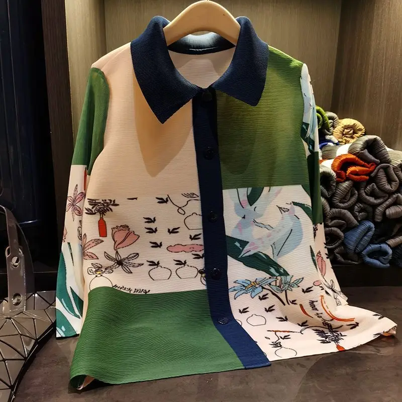 Pleated  shirt new long-sleeved fashion color matching printed versatile and thin jacket women's loose single-breasted top