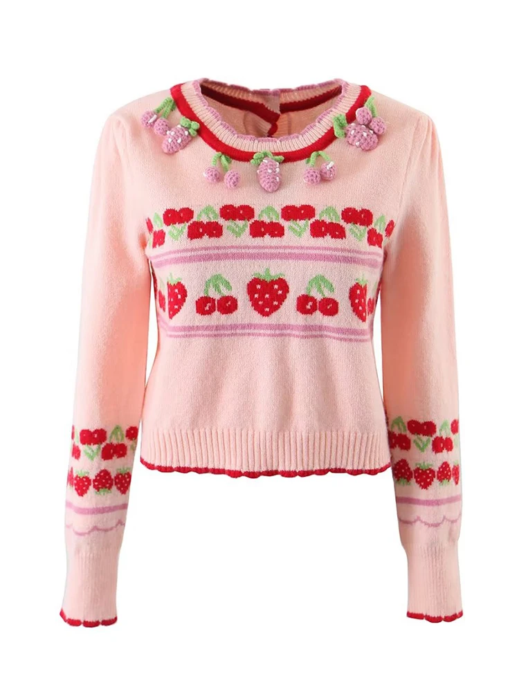 YENKYE New Fashion Women Sweet Pink Strawberry Cherry Thin Knit Sweater O Neck Long Sleeve Female Crop Pullover Autumn Tops