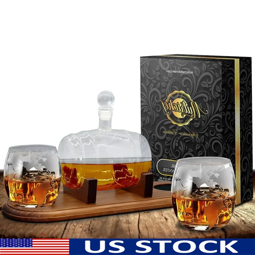 

Home Bar Glass Whiskey Decanter Aerator Set with 2 Whiskey Glasses 3-Piece Barrel Design Perfect Entertaining and Gift