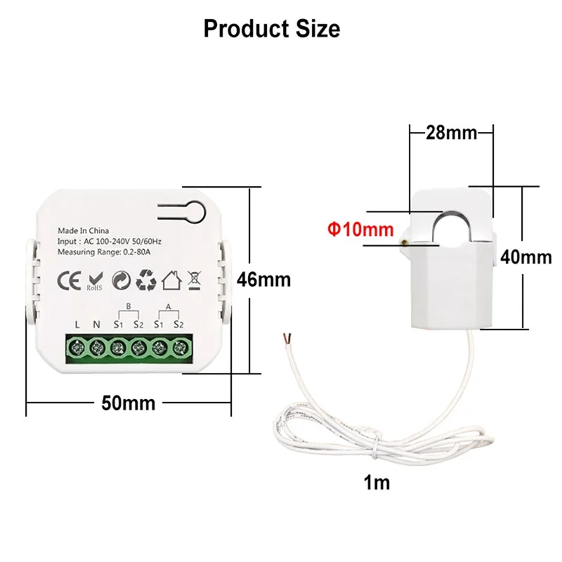 Zigbee Wifi Energy Meter Bidirectional With Clamp Current Sensor Tuya Smart App Monitor Power 80A 240V, 1 Channels 1CT Durable-A