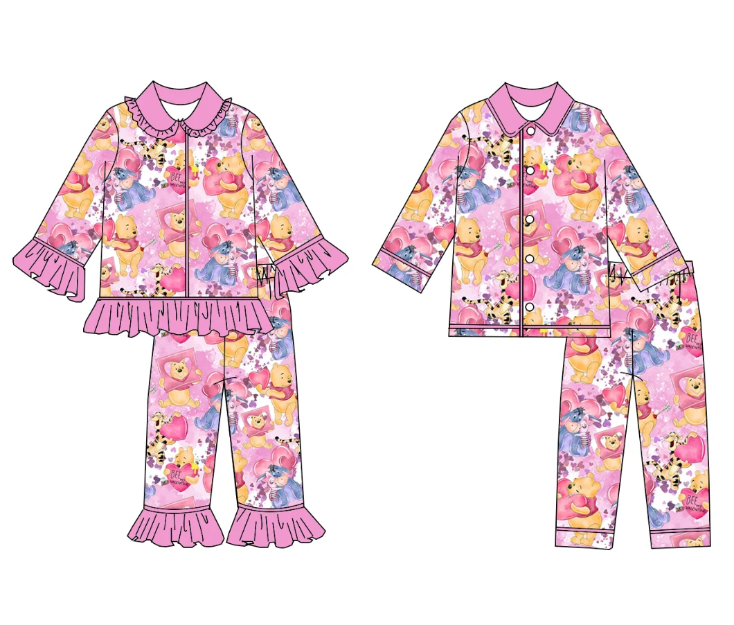 New Design Toddler Boutique Pajamas Valentine's Day Outfit Set Pink Long Sleeve Pants Set Boys Girls Matching Pajamas Customized