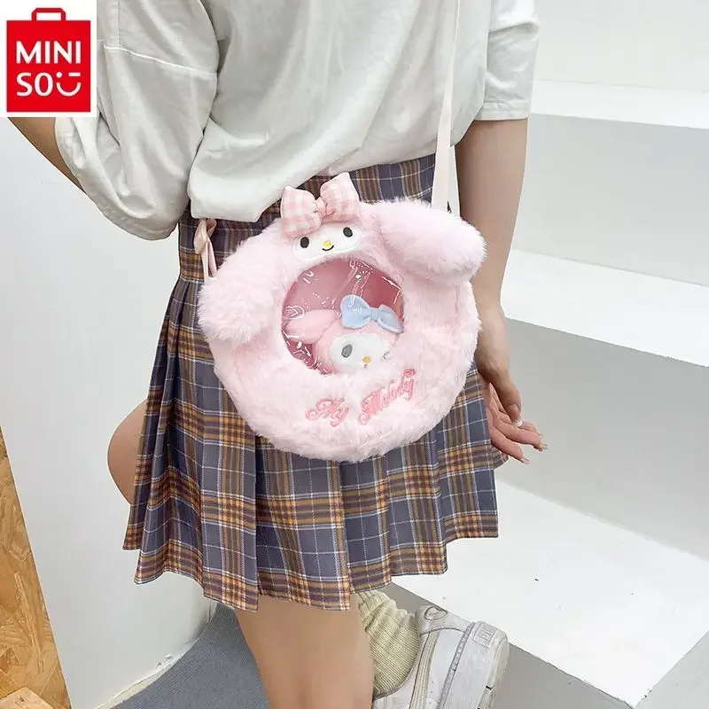 MINISO Sanrio Cartoon Hello Kitty Kuromi Handheld Crossbody Bag Student Plush Zipper Storage Multi functional Handbag