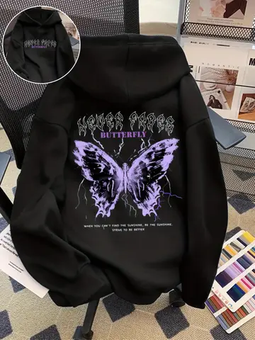 Women Butterfly Print Pattern Hoodie Unisex Autumn Winter Fleece Oversized Hooded Everyday Outdoors Hoodie for Any Occasion