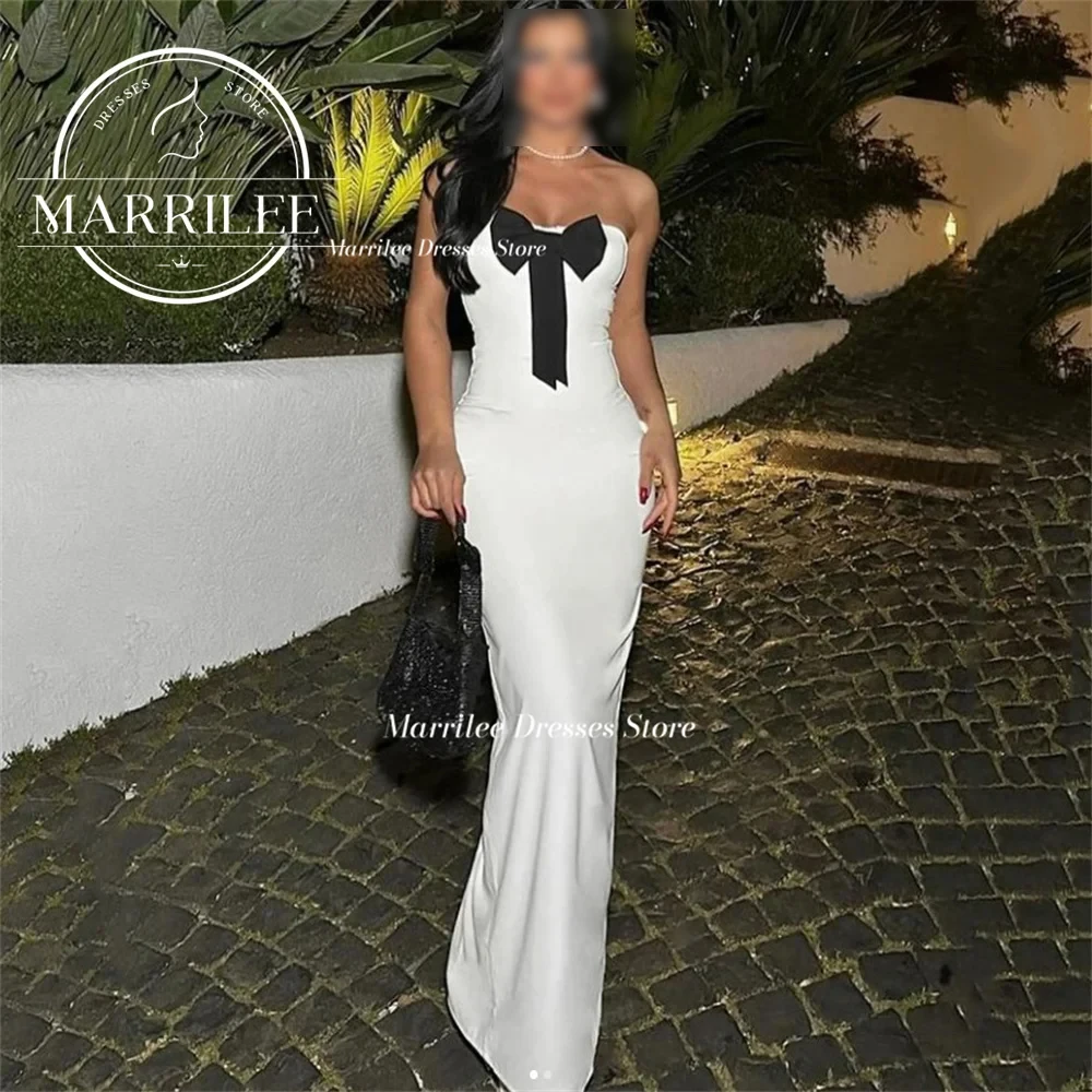 

Marrilee Strapless Simple Mermaid Stain Evening Dresses With Black Bow High Slit Sleeveless Floor Length Sexy Prom Party Gowns