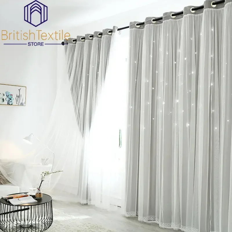 

Korean Style Curtains for Living Room Bedroom Hollow Stars Ins Princess Wind Curtains Blue Pink Multicolor Optional Custom Made