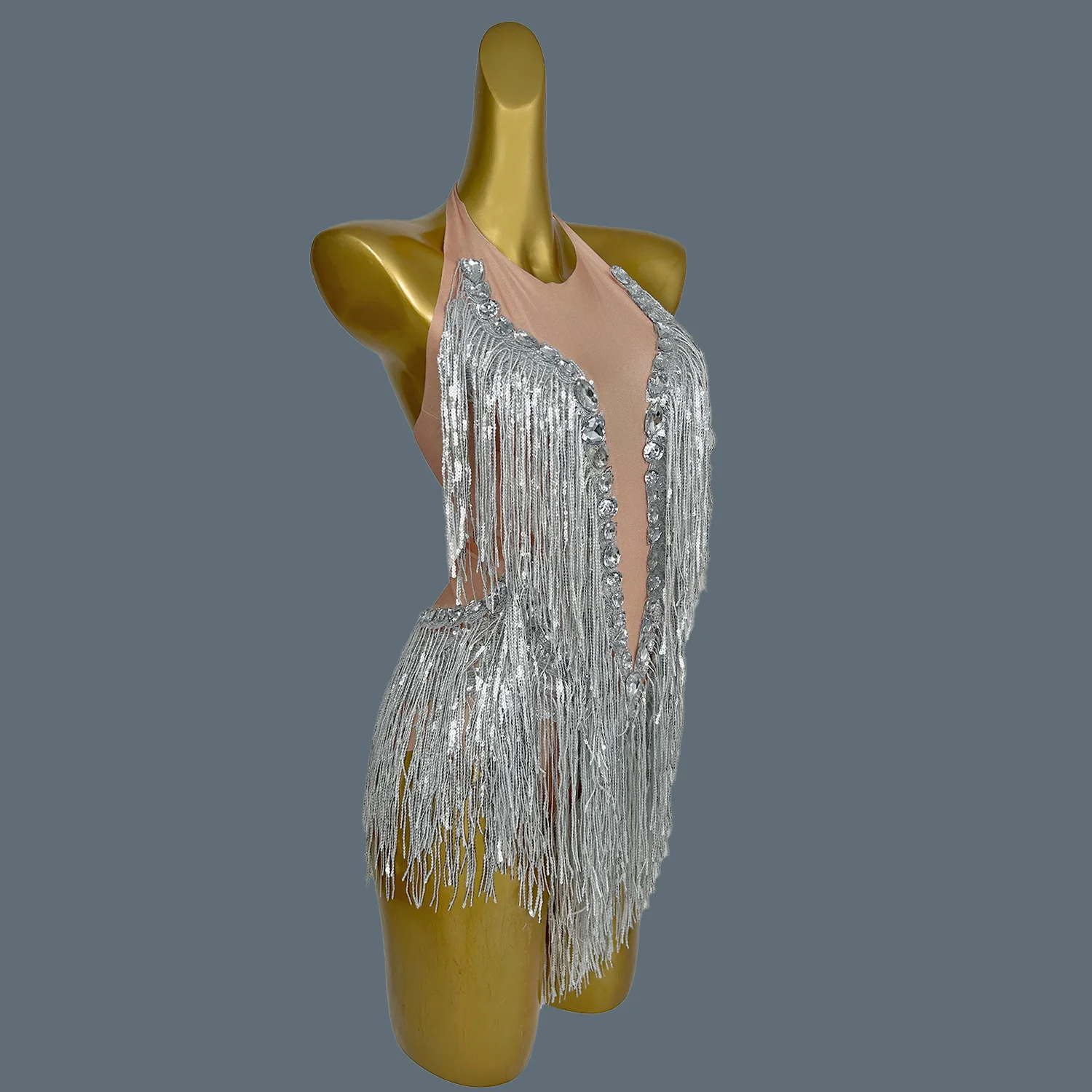 

Women Luxury Crystals Rhinestones Tassel Sleeveless Bodycon Bodysuit Nightclub Dancer Costume Bar Silver Stage Outfit Shuye