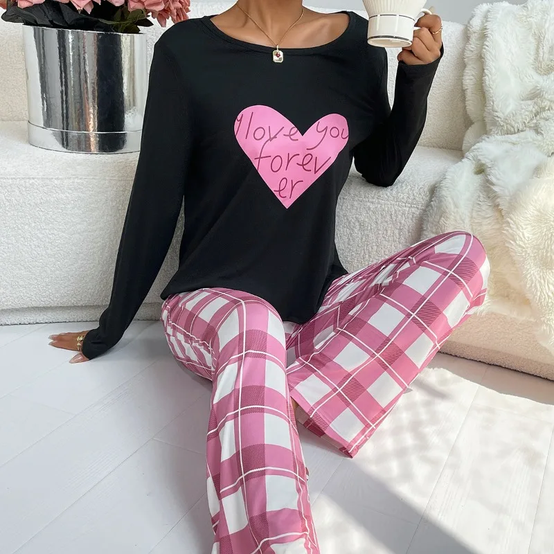 2pcs Set Women's Pajamas Set Spring Autumn Soft Heart Print Top Plaid Pants Simple Design Homewear Loungewear Outfit