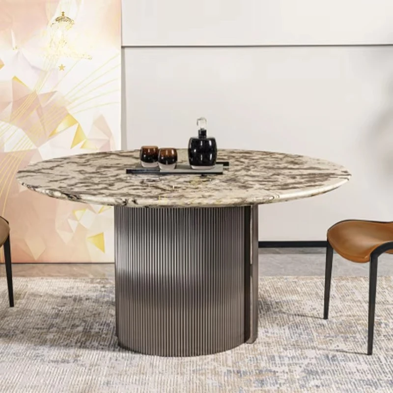 Custom Brown Gold Marble Round Dining Table Dark Gray Ribbed Drum Metal Base Kitchen Home Restaurant Furniture 4 6 Seater