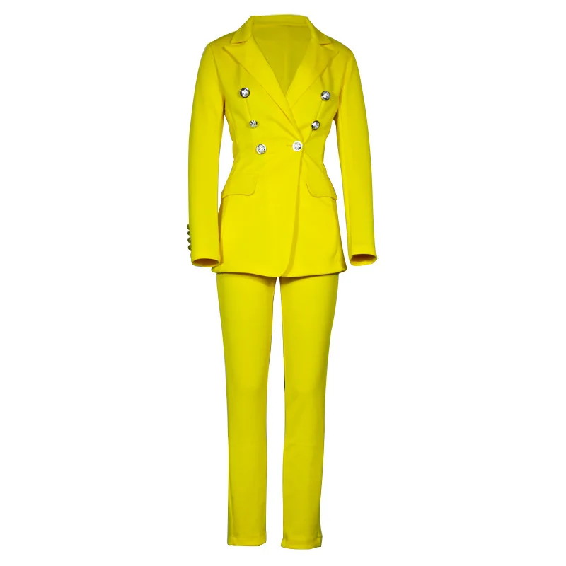 2023 Women Two Piece Suit Long Sleeve Coat And Pants Set Solid Color Blazer Single Button Yellow Blazers With Pants Sets Outfits