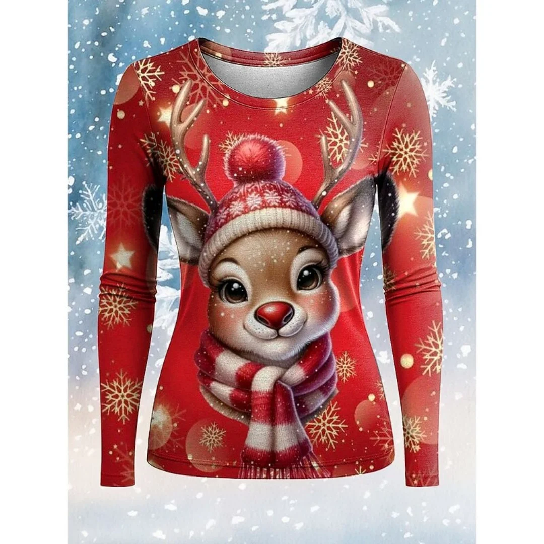 

Новый женский топ с принтом оленей и длинными рукавами для рождественской вечеринки, идея праздничного подарка, праздничный топ с круглым вырезом, осенне-зимний стильный пуловер
