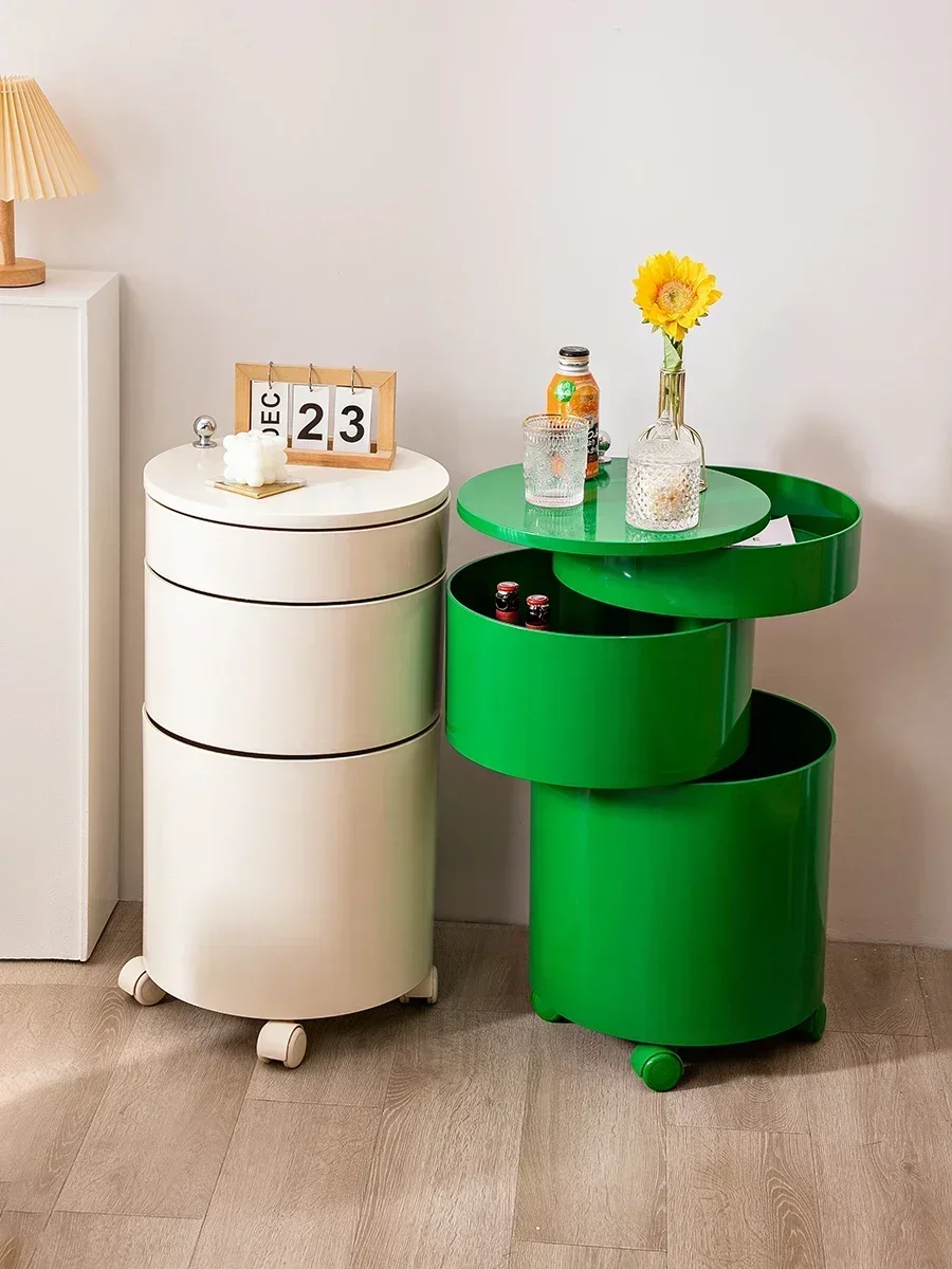 Cream Mobile Bedside Table with Circular Rotating Top Living Room Side Cabinet with Storage on Wheels for Bedroom