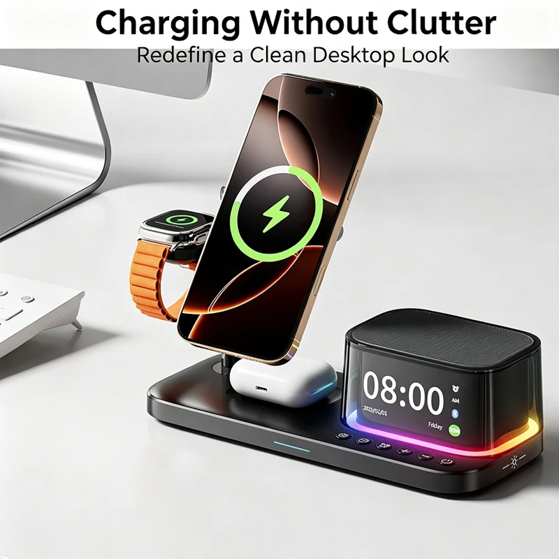 25W Magnetic Wireless Charger Stand Bluetooth Speaker Fast Charging For iPhone Samsung S26 S25/Z Fold 7 Galaxy Watch Ultra 8 7