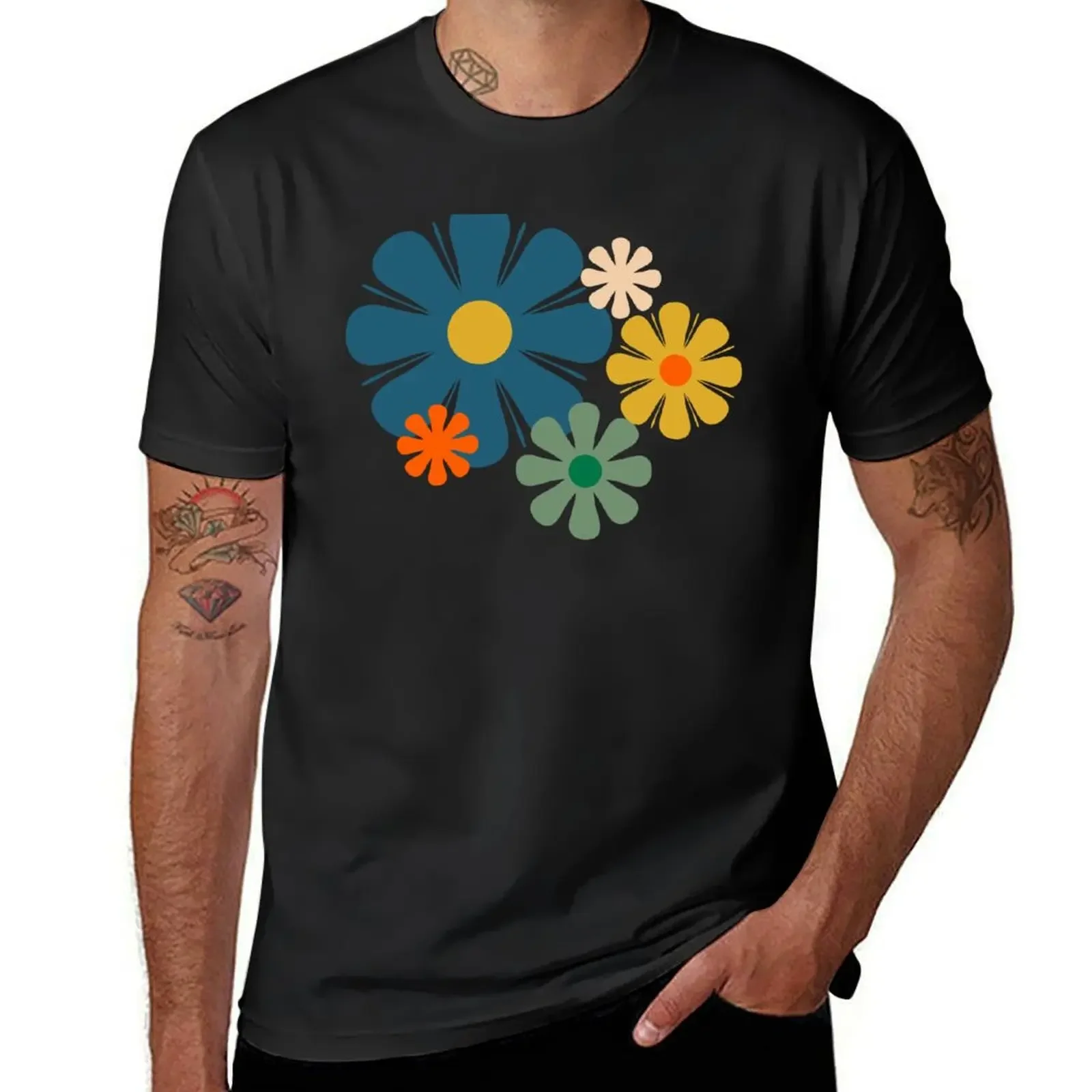 

Flower Locus Retro Minimalist Floral Pattern Blue Orange Green Yellow T-Shirt graphic shirts tops tee shirts for men