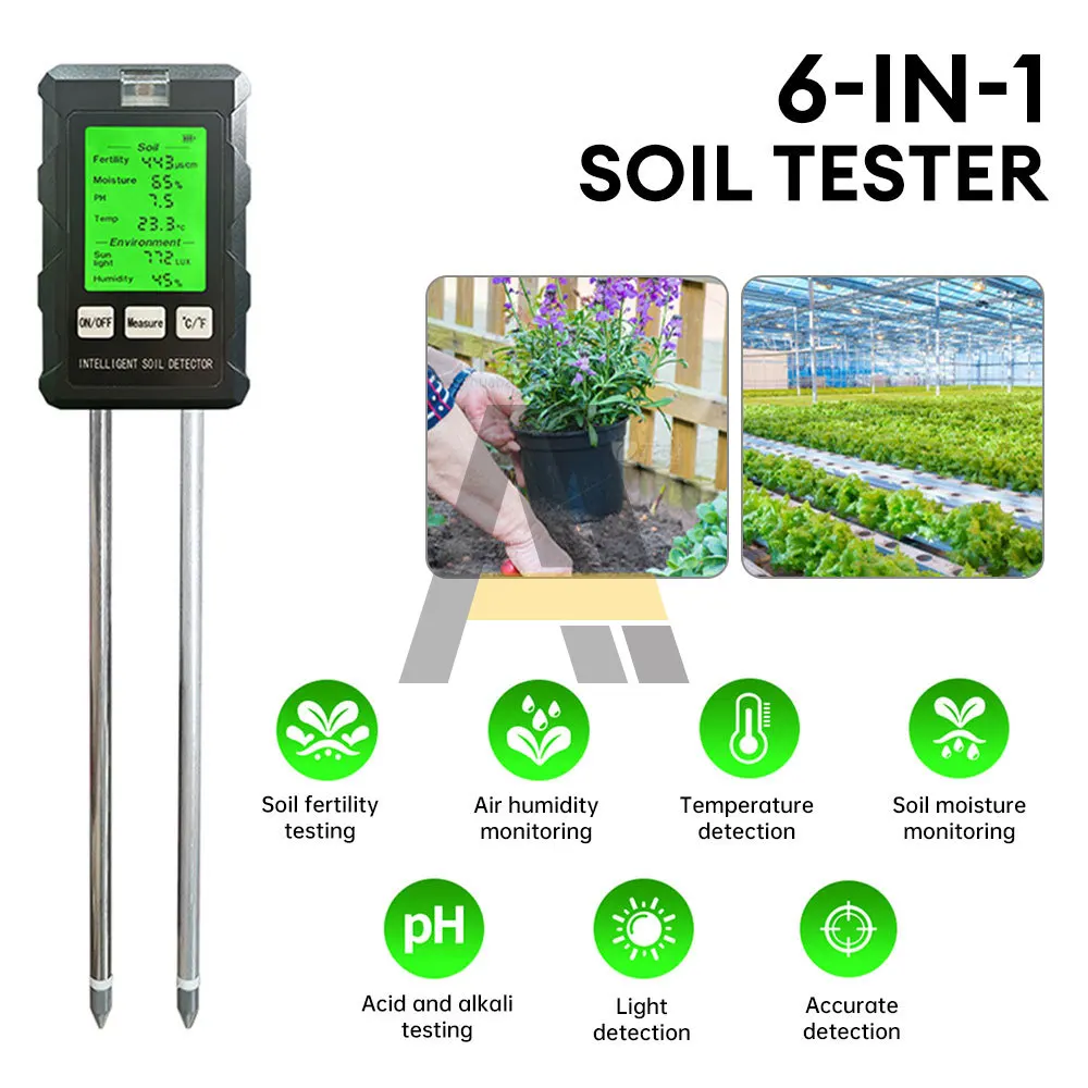 

6-in-1 Multifunctional Soil Tester with backlight for soil fertility/pH/temperature ℃ ℉/humidity/environmental illumination dete