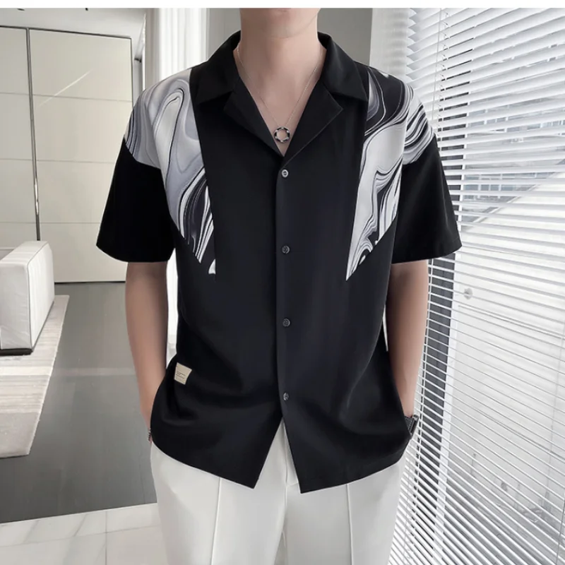 Pi Shuai-Camisa de manga media para hombre, camisa informal holgada y versátil con estampado de moda, cuello abatible, seda de hielo, estilo