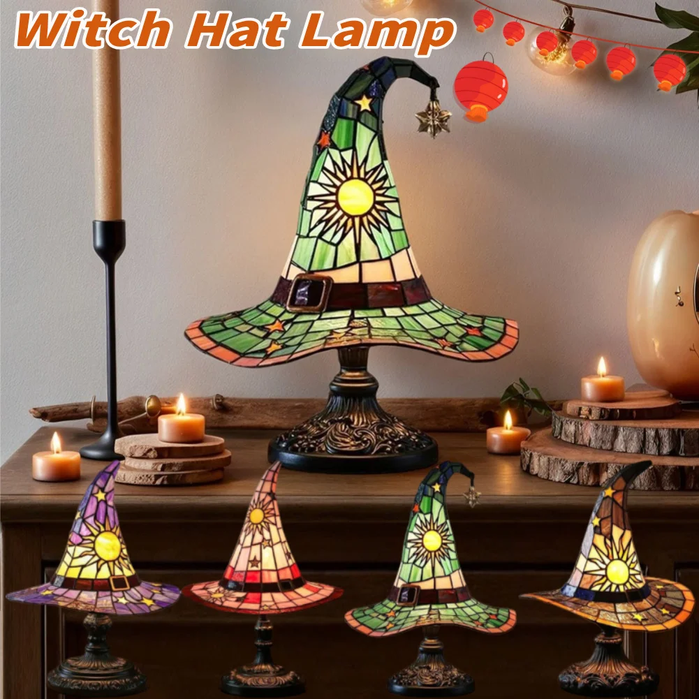 Criativo chapéu de bruxa lâmpada de vidro manchado chapéu de bruxa lâmpada usb alimentado criativo candeeiro de mesa luz da noite para sala estar casa quarto
