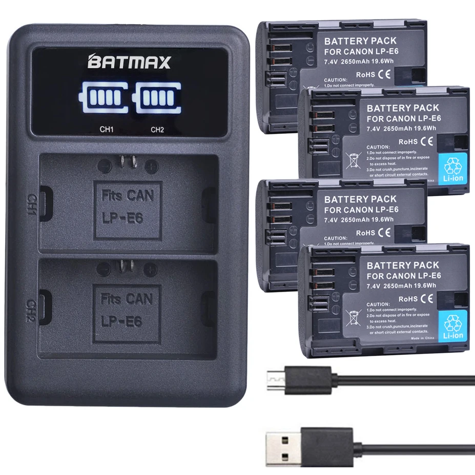 Batmax 2650mAh LP-E6 LP-E6N Camera Battery +LED USB Dual Charger for Canon EOS 60D 5D3 7D 6D 70D 90D 5D Mark II III IV EOS R7 R6