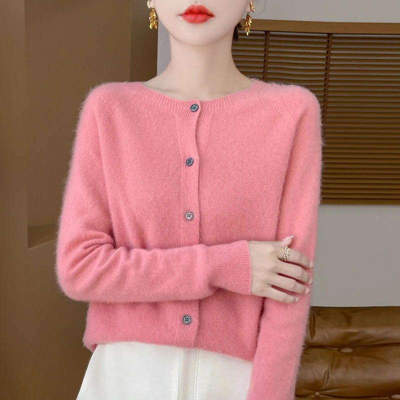 

Autumn And Winter New 100% Pure Wool Cardigan Women's Round Neck Sweater Coat Loose Cashmere Sweater Outside