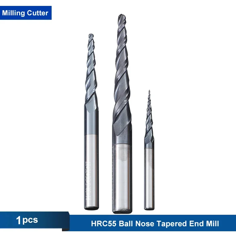 HRC55 D3.175 D4 D6 D8 D10 D12 2F Tapered Ball Nose End Mill Tungsten Solid Carbide Coated Tapered Cone Cnc Milling Cutter