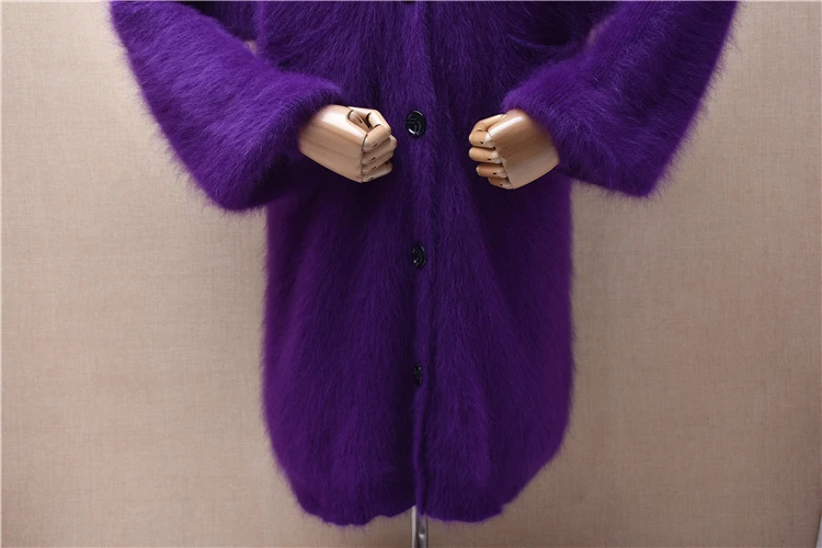 Women Mujer Autumn Winter Purple Hairy Mink Cashmere Knitted V-Neck Long Lantern Sleeves Loose Long Sweater Cardigans Jacket Top