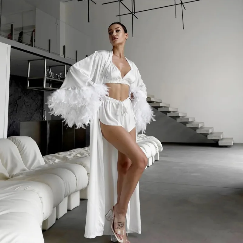 

Luxury Fluffy Feather 3 Piece Lingerie Set Sexy Satin Feather Trim Robe with Bralette and Shorts for Sleepwear and Loungewear