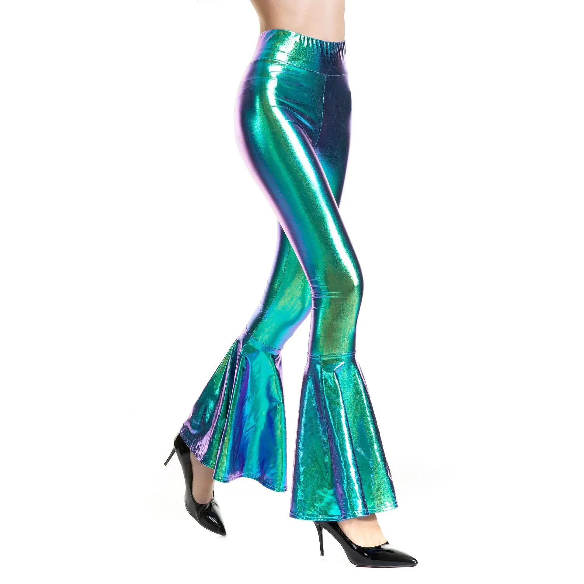 Sexy PU Leather Metallic Pants Shiny Holographic Flare Pants Women Girls Bodycon Elastic Waist Bell Bottom Trousers Clubwear