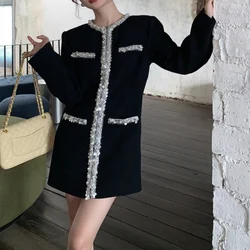 Women Spring French Small Fragrance Black Dress High Quality Long Sleeve O Neck Beaded Sequins Fashion Elegant Tweed Short Dress