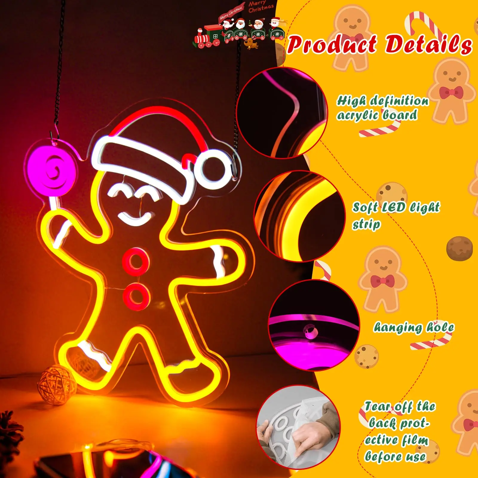 Insegna al neon Gingerbread Man per la decorazione della parete Natale dimmerabile Natale Camera da letto Soggiorno Camera dei bambini Festival Festa Regalo di Capodanno
