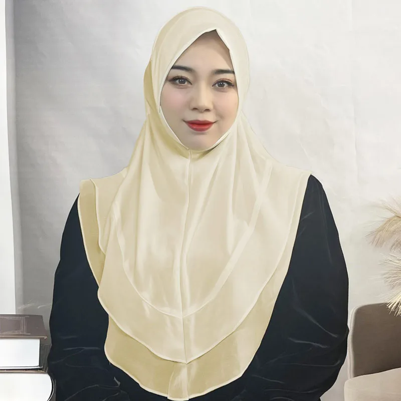 حجاب نسائي حجاب فوري وشاح شو خيمار 2 طبقة قصيرة دانتيل عمامة متواضعة صلاة مسلمة حجاب جلباب عربي نسائي Musulman