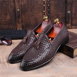 Fashion Brown Tan / Black Woven Design Summer Loafers Mens Wedding Groom Shoes Genuine Leather Prom Shoes Boys Dress Shoes