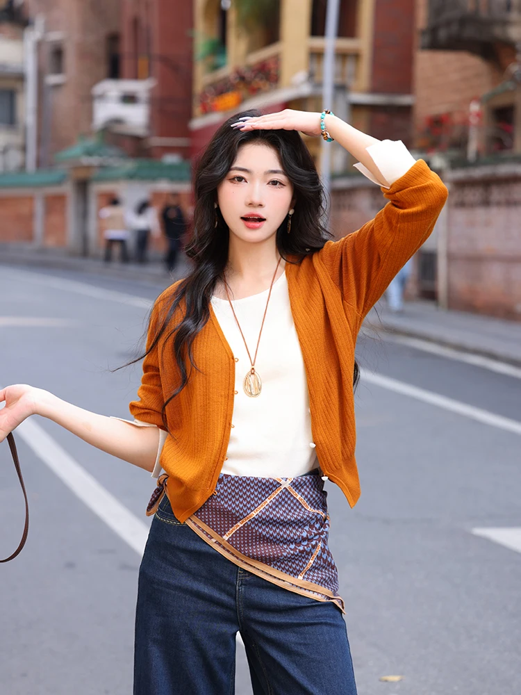 

Chen Jiajie Orange Soda Splice Long Sve Knitted Cardigan Women's Spring Faion Small Size ort Top Fake Two-Piece