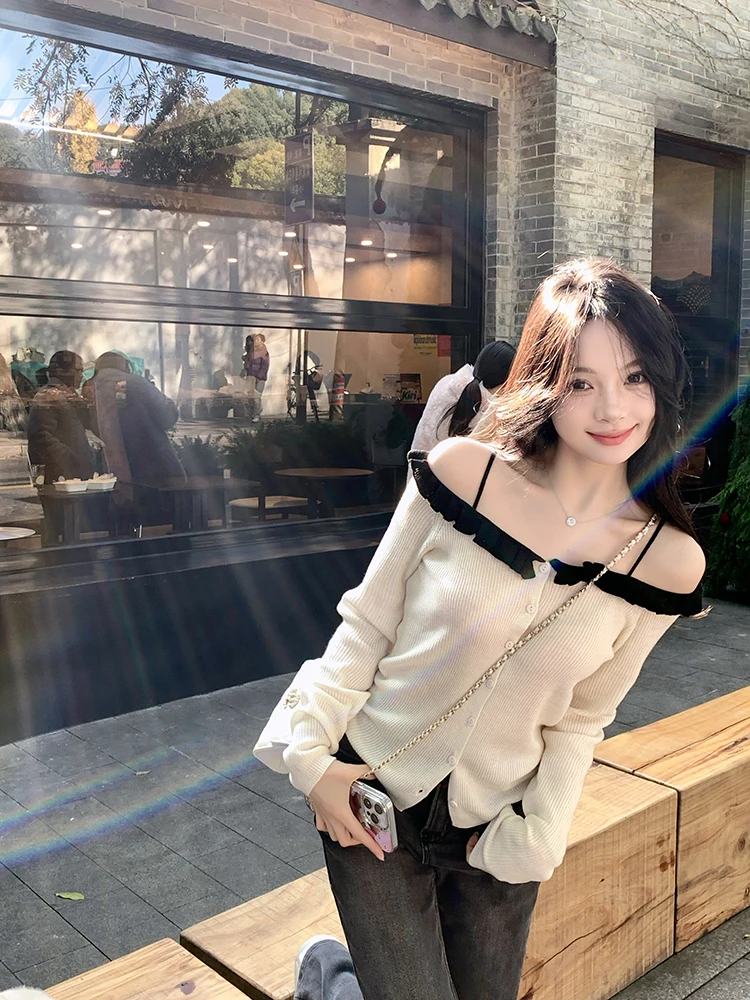 

Color Blo Knitted Sweater Women's One oulder Strap Pure Desire Spring Autumn New Sle Sweet Sle ZhouYeye Brand