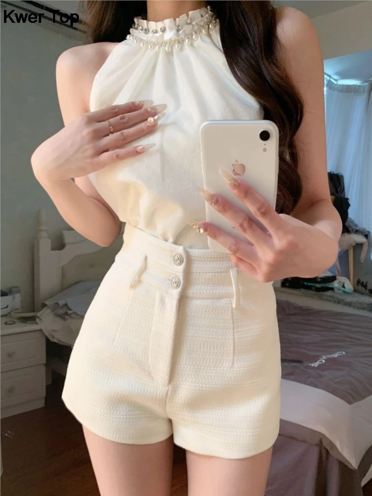 Korean Fashion 2 Piece Pants Set for Women Elegant Sleeveless Blouse Hight Waist Solid Shorts Suits Y2K Office Lady Clothing