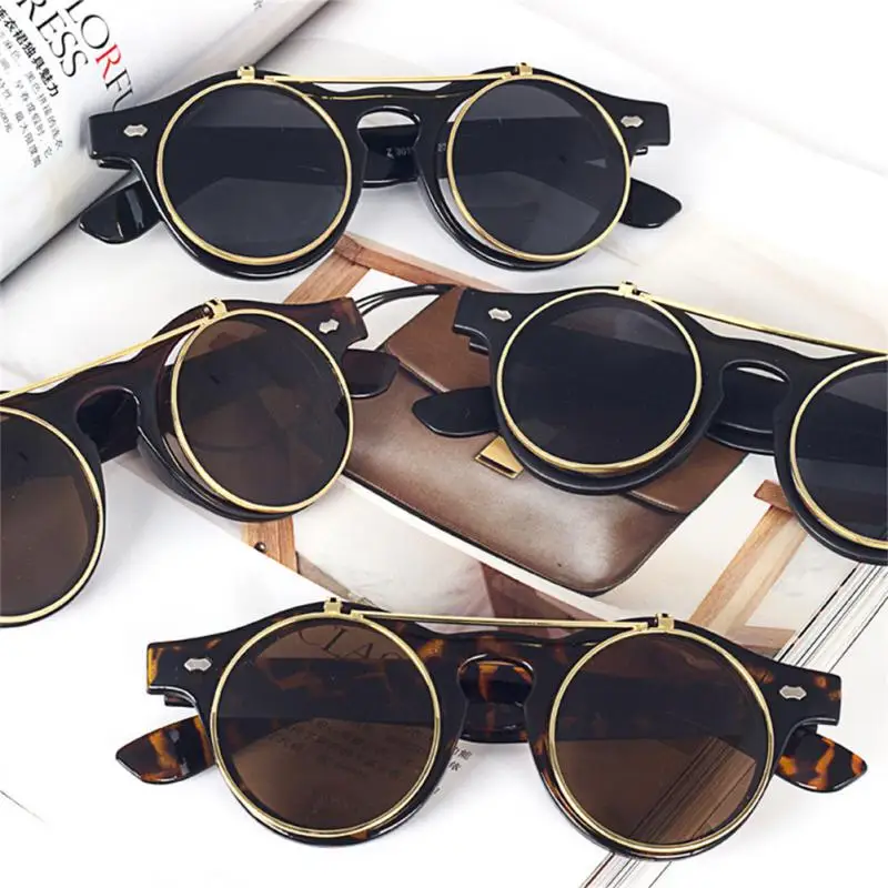 Retro Flip Sunglasses Fashion Metal Small Frame Round Sun Glasses Men Women Vintage Summer Outdoor Driving Travel Oculos De Sol