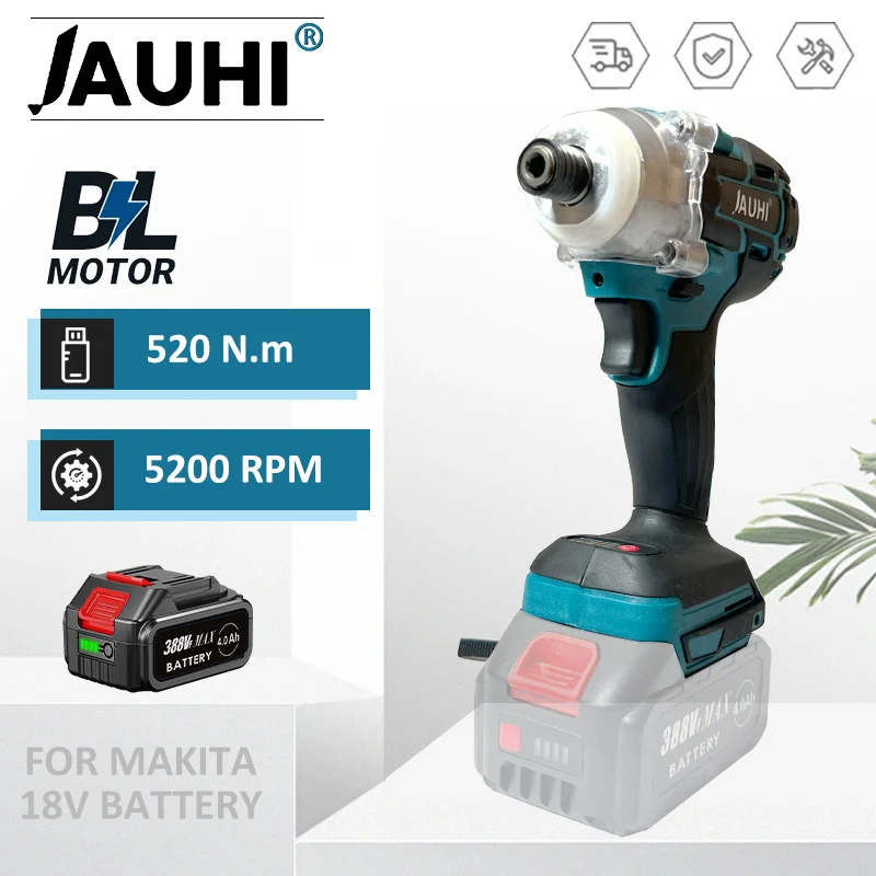 

JAUHI 5200Rpm Electric Screwdriver 520N.m Cordless Drill Rechargeable Mini Wireless Driver for Makita18V Battery Power Tools