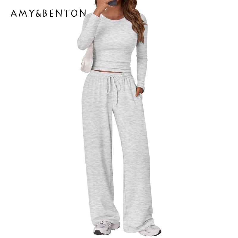 

European American Design Casual Long Trousers Women's Set 2026 Spring New Solid Color Top High Waist Wide Leg Pants Set Ladies