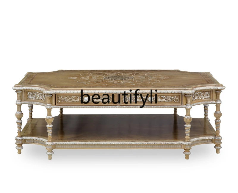 British court style carved living room coffee table European coffee table light luxury living room wood parquet coffee table