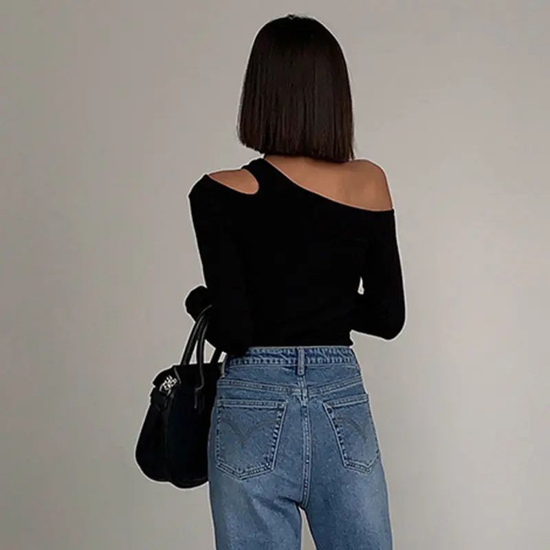 Fashion Skew Collar Off-shoulder Long-sleeved T-shirts Women Spring 2023 New Solid Slim Fit Crop Top Sexy Hollow Out Tees Shirts