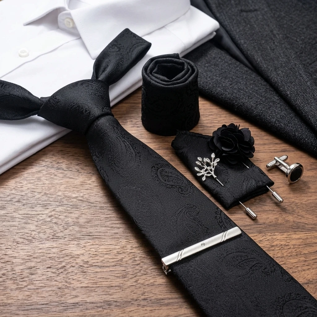 conjunto-de-gravata-paisley-masculina-com-lenco-de-bolso-abotoaduras-flor-de-lapela-e-prendedor-de-gravata