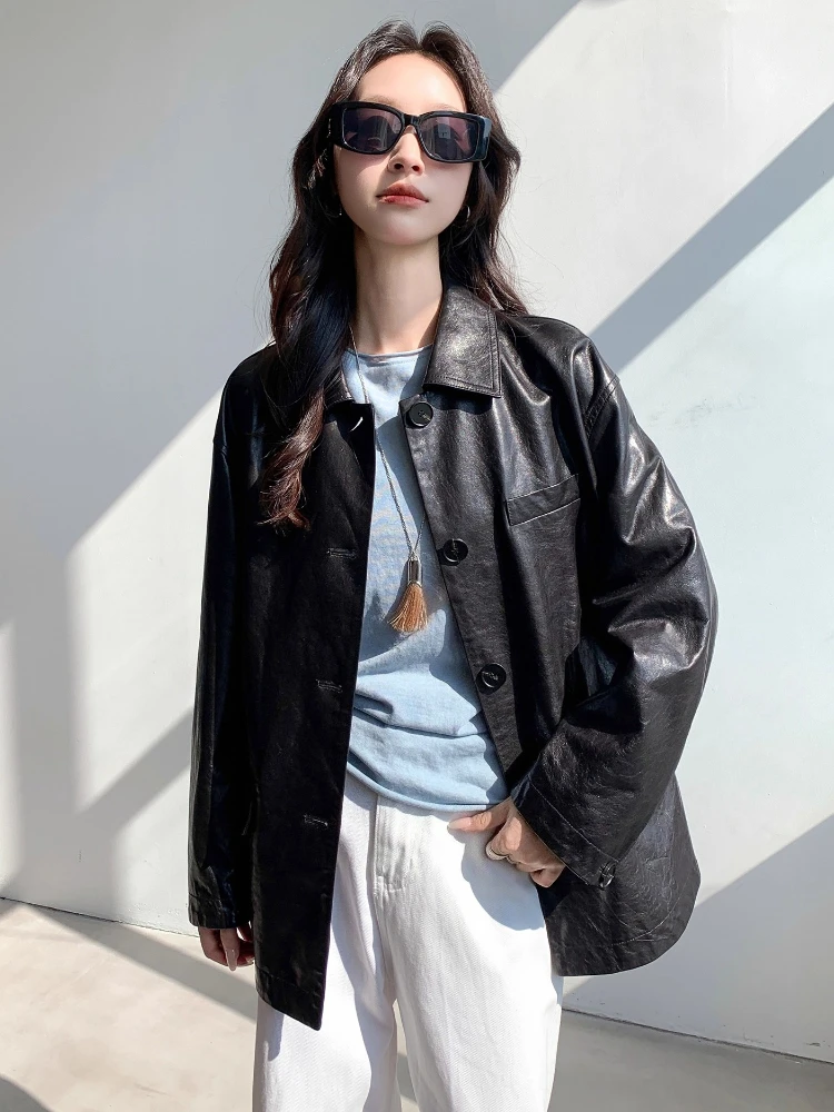 Casual Genuine Leather Blazer Jackets for Women Spring Autumn 2025 New High-end Simple Soft Black Oil Wax Real Sheepskin Coat