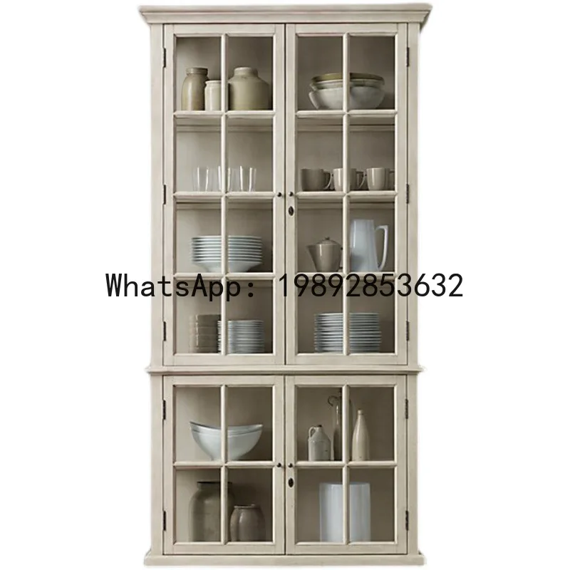 CZ American Country Style Solid Wood Bookshelf French Retro Wine Cabinet Small Apartment Glass Door Storage Cabinet view 5