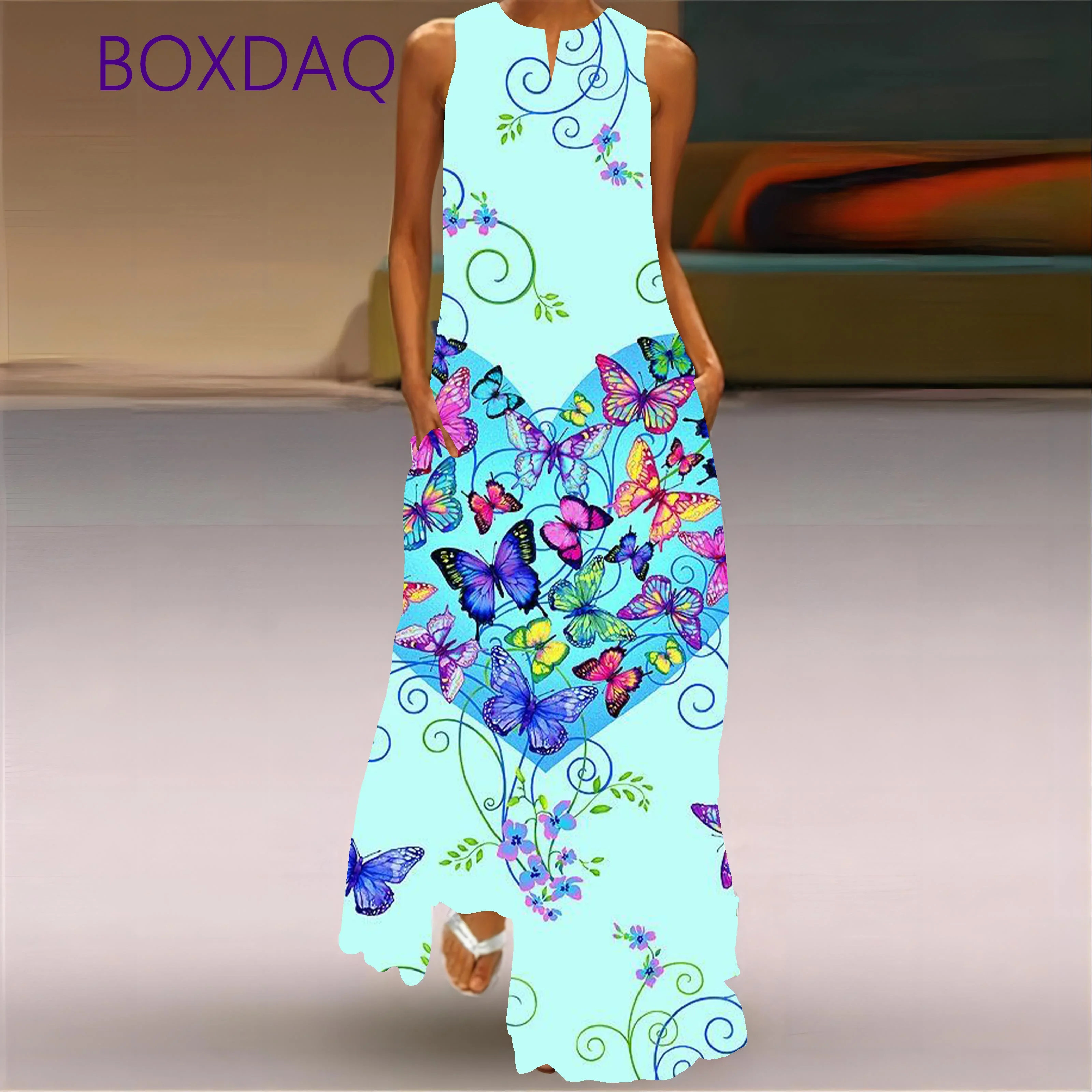 Large Size 3XL Women Long Dress Summer Vintage 3D Butterfly Printed Maxi Dresses For Women Sleeveless V-neck Loose Casual Robe