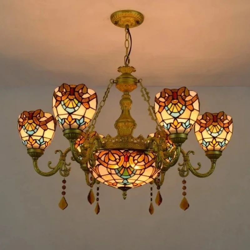 Retro Pendant Light Led Chandelier Creative Stained Glass Baroque Style Bar Bedroom Living Room Crystal